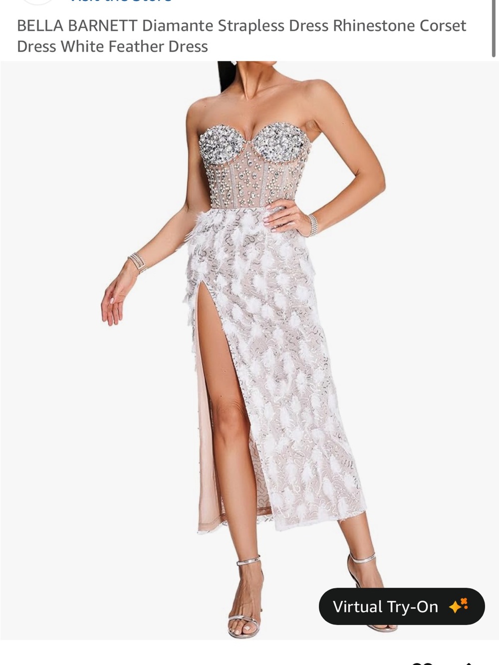 Bella Barnett White Strapless Rhinestone & Feather Midi Dress